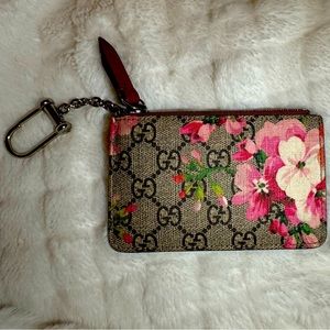 GUCCI GG Blooms Mini Coin Purse Wallet Key Ring Beige PVC Leather